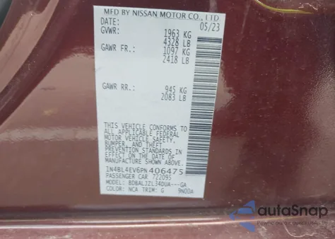 2023 Nissan Altima Sl Fwd из США, поврежденный, VIN 1N4BL4EV6PN406475